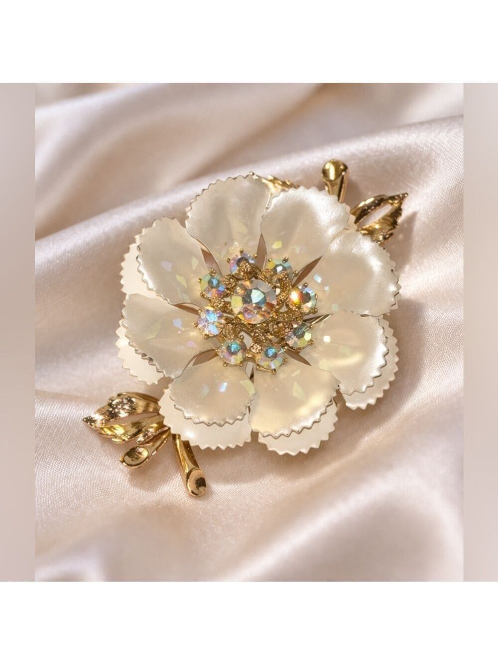 Vintage Coro Signed Enamel Flower Brooch • Aurora Borealis Rhinestones Gold Tone